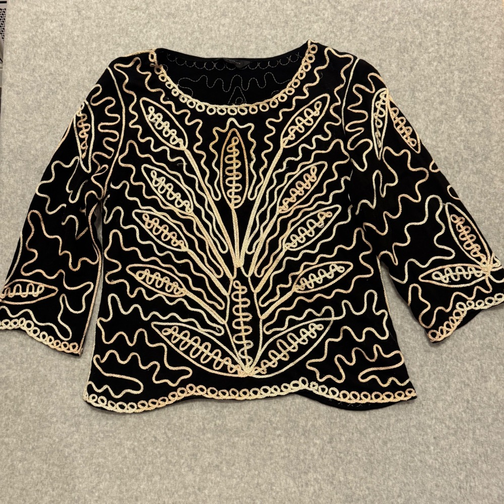 Investments Womens Black Velvet Soutache Embroidered 3/4 Sleeve Blouse Top